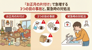 お正月の片付けや掃除中に急増する目の事故の原因を特定し、緊急時の正しい対処法を決定するために、医師による診察や専門的なアドバイスを受けている様子