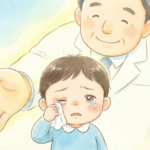 目やにが止まらない原因を特定し、細菌性やウイルス性結膜炎の正しい見分け方と治療法を決定するために、医師による診察や専門的なアドバイスを受けている子どもの様子